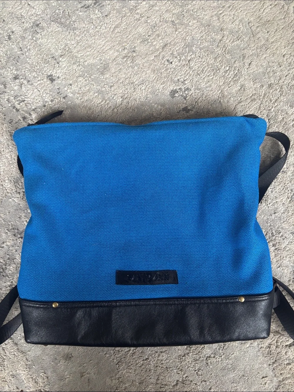 Blue Canvas Messenger Bag with Black Leather Trim